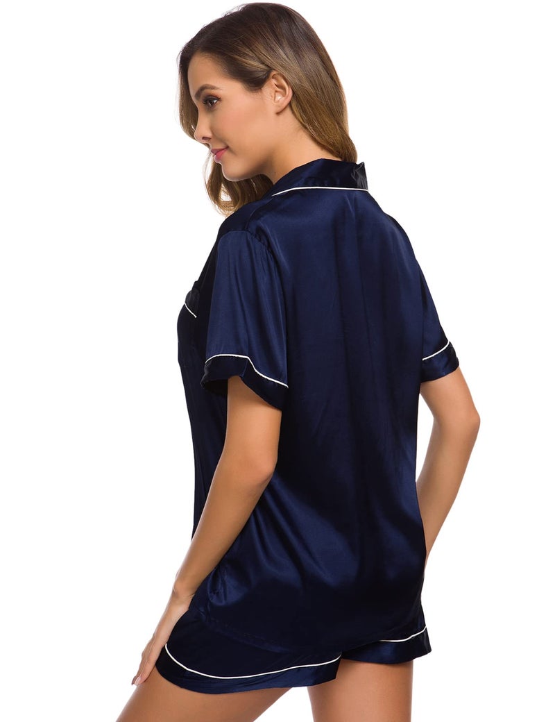 SWOMOG Womens Silk Satin Pajamas Set Two-Piece Pj Sets Sleepwear Loungewear Button-Down Pj Sets Deep Navy Blue - Image 5